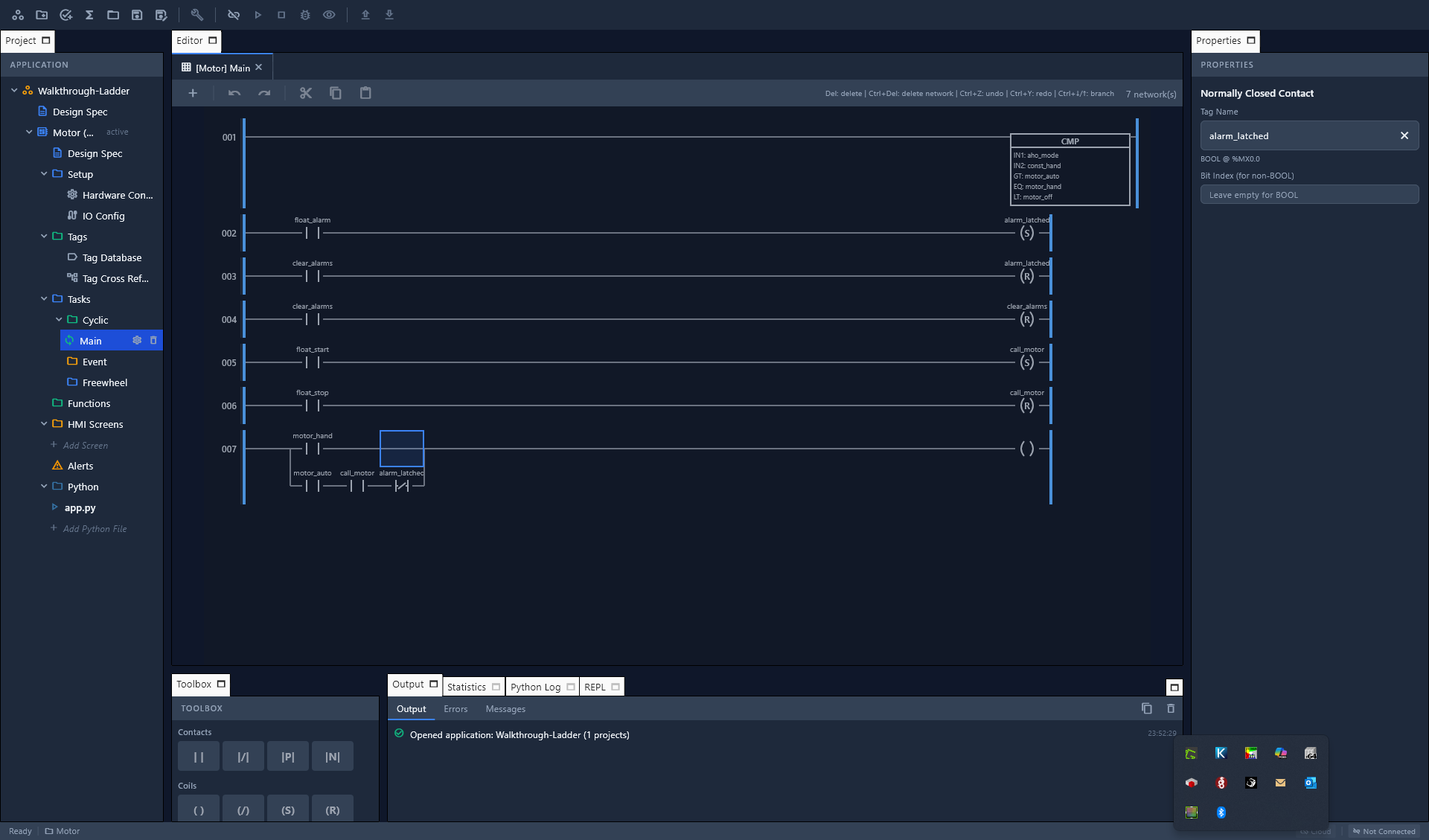 WhiskerIDE ladder logic editor showing rung 7 motor run
