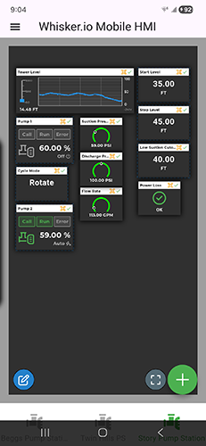 WhiskerMobile HMI dashboard with gauges and pump controls